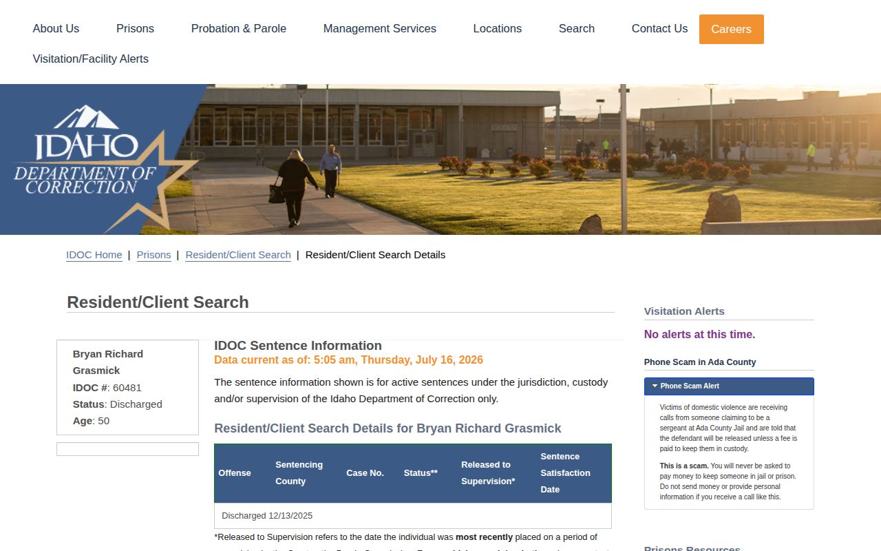 Idaho DOC discharged status and date for an Adams County release lookup