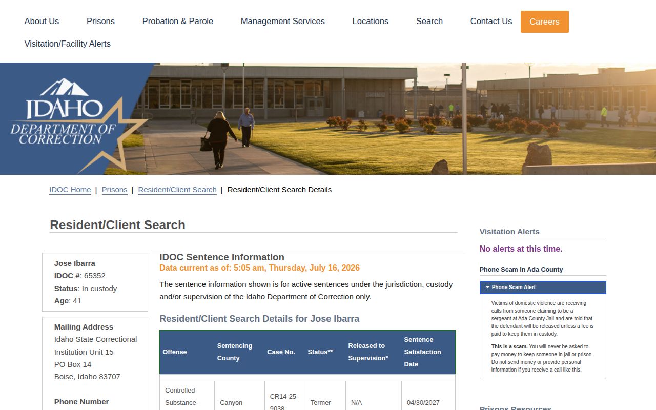 Adams County Jail contract custody location in IDOC release search