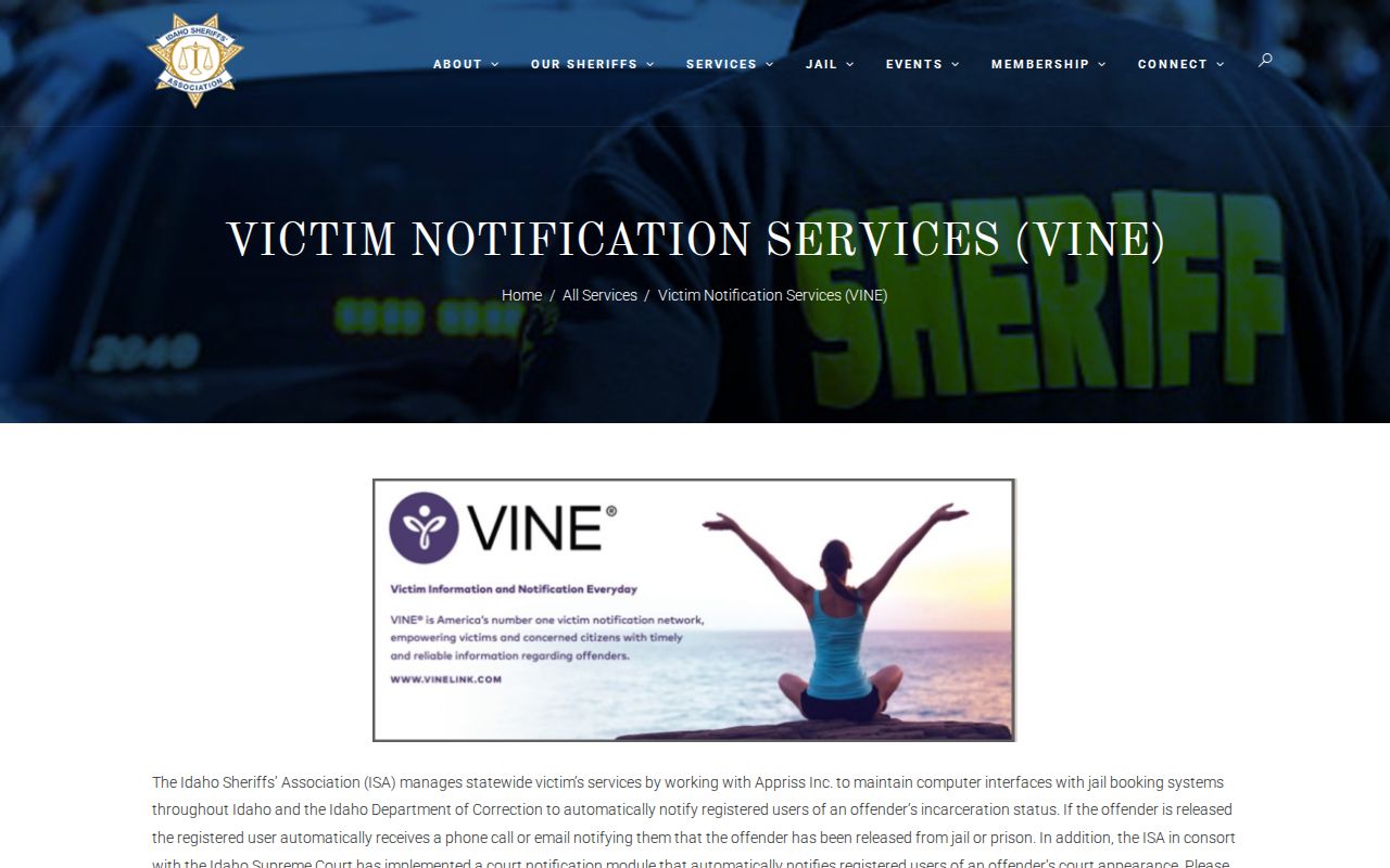 Idaho Sheriffs Association VINE coverage for jail and IDOC records